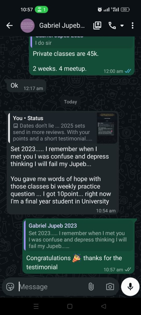 Gabriel's JUPEB Success - 10 points, now final year university student